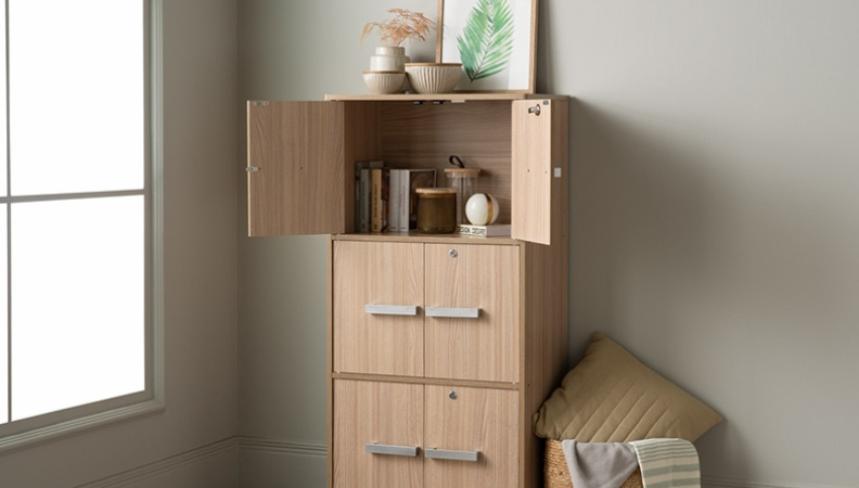 Brown cabinet crafted from laminated board, with 6 doors and spacious shelves.