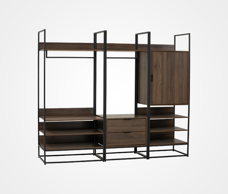 Brown wardrobe featuring metal frame, 2 drawers, 1 cabinet door, multiple shelves and hanging rails. 