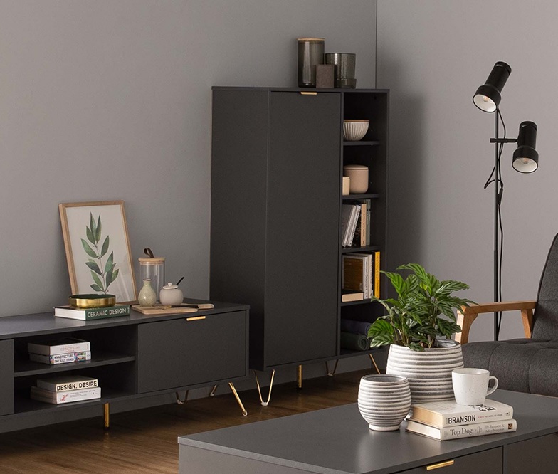 Black cabinet with 1 door and 10 spacious shelves.