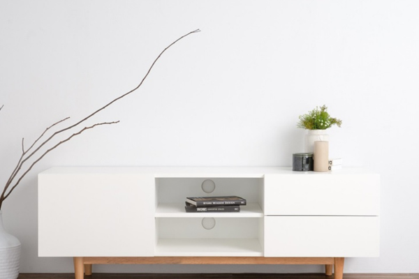 White TV cabinet with shelves, door and 2 drawers.