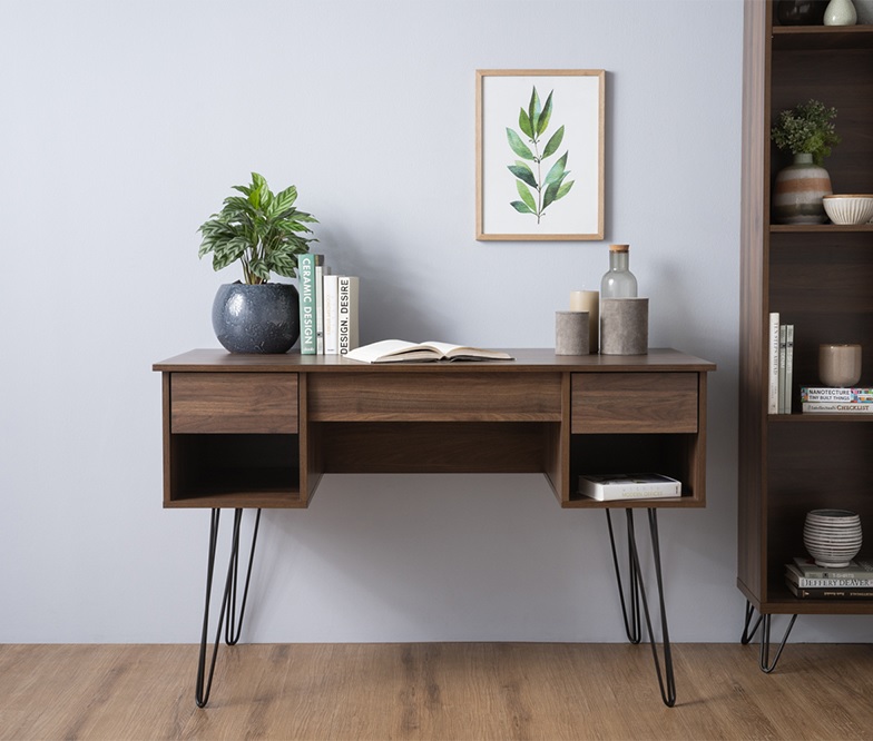 Brown study table with metal legs