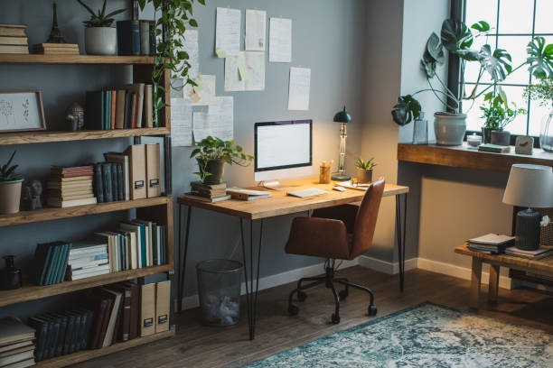 Wooden study table with metal legs