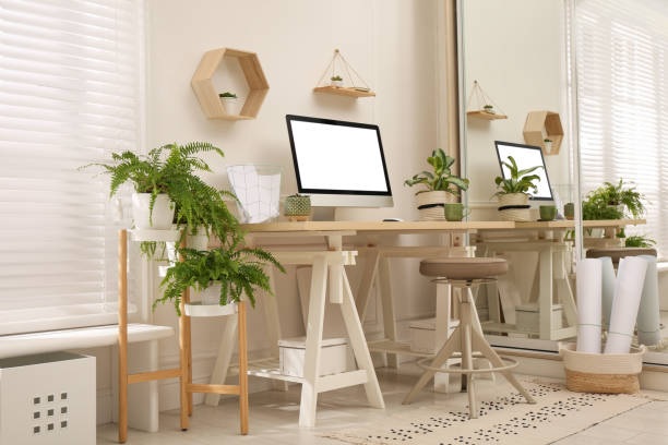Study room with plants and wooden furniture